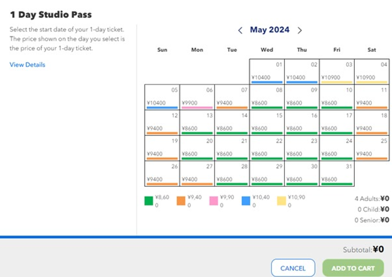 Universal Studio Osaka : calendrier des prix des billets