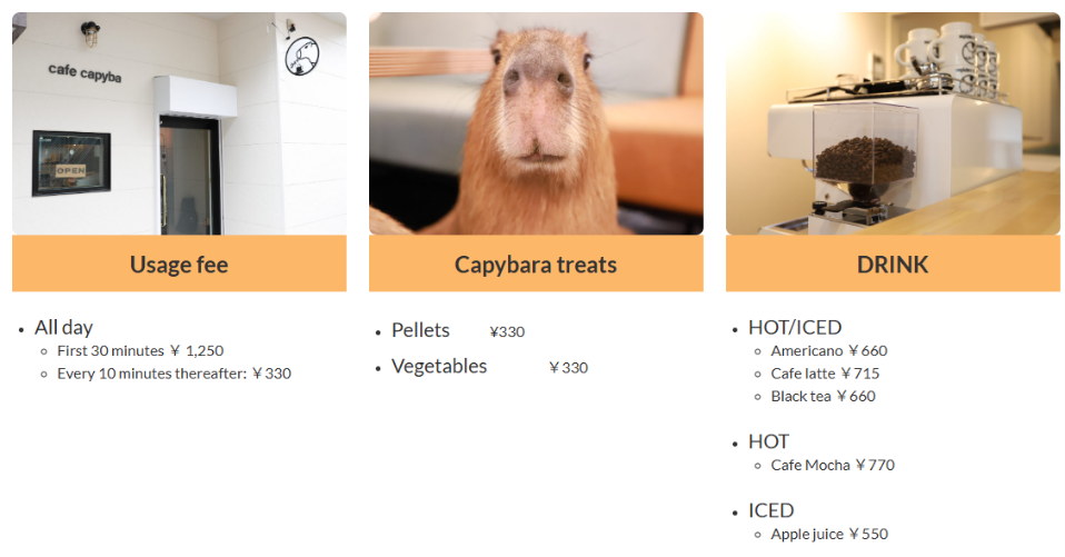 Cafe Capyba à Tokyo : les prix